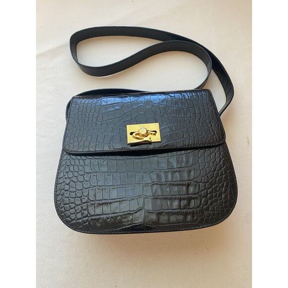 Genny Leather Shoulder Bag Black Croc Embossed Made in Italy Gold Hardware-Card - Picture 5 of 16